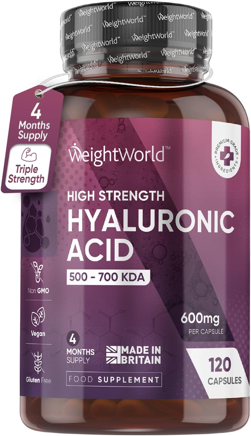 Hyaluronic Acid Supplement 600mg (500-700 KDA) - 120 Vegan Triple Strength Hyaluronic Acid Capsules - 4 Months Supply - Radiant Glow for Women & Men - Superior Absorption - Made in The UK-0