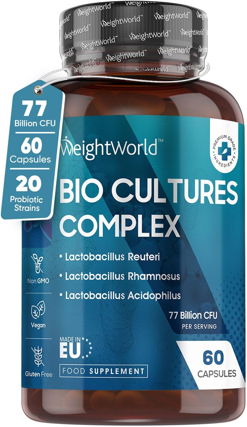 Bio Cultures Complex Probiotics and Prebiotics - 77 Billion CFU - 20 Live Bacterial Cultures - 60 Probiotic Complex Capsules for Women & Men - Lactobacillus Acidophilus, Gasseri, Rhamnosus & Reuteri-0