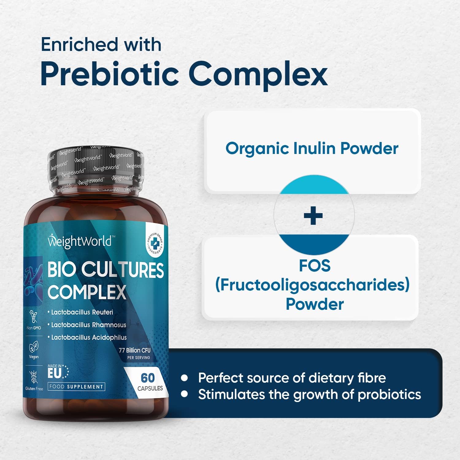 Bio Cultures Complex Probiotics and Prebiotics - 77 Billion CFU - 20 Live Bacterial Cultures - 60 Probiotic Complex Capsules for Women & Men - Lactobacillus Acidophilus, Gasseri, Rhamnosus & Reuteri-2