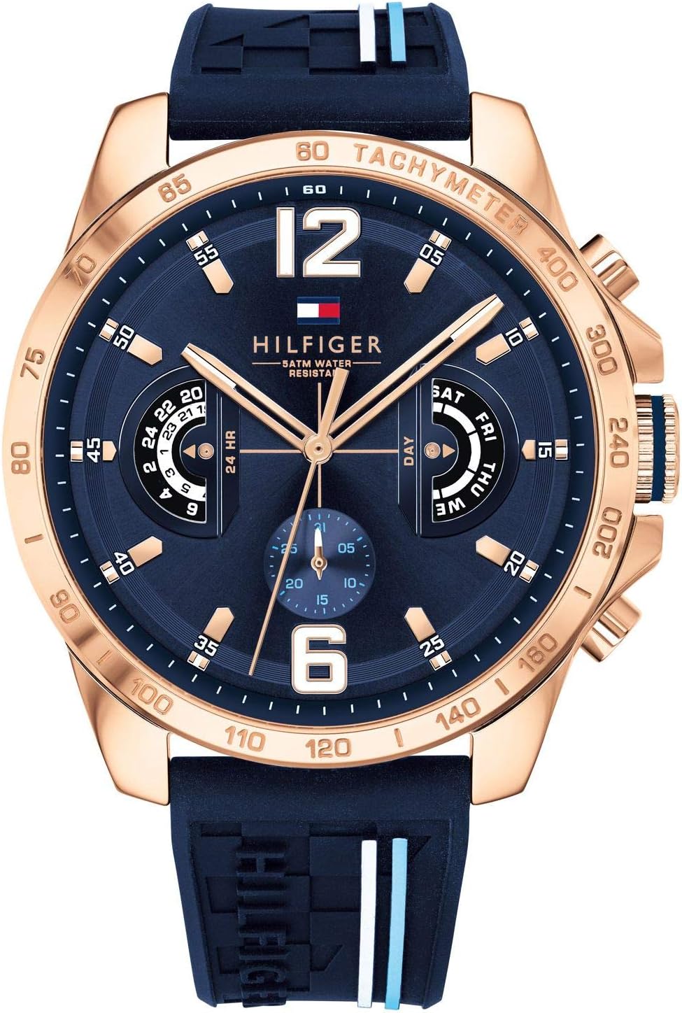 Tommy Hilfiger Analogue Multifunction Quartz Watch for Men with Silicone, Stainless Steel or Leather Bracelet, Day & Date Sub-Dials, 5ATM Water Resistant-0