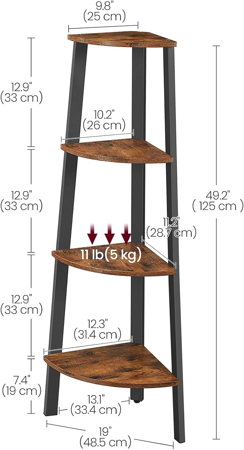 VASAGLE - Corner Shelf Bookcase - 4 Tier Ladder Shelf - Storage Unit, Plant Holder for Living Room - Industrial Style with Steel Frame - Rustic Brown and Black - LLS34X-2