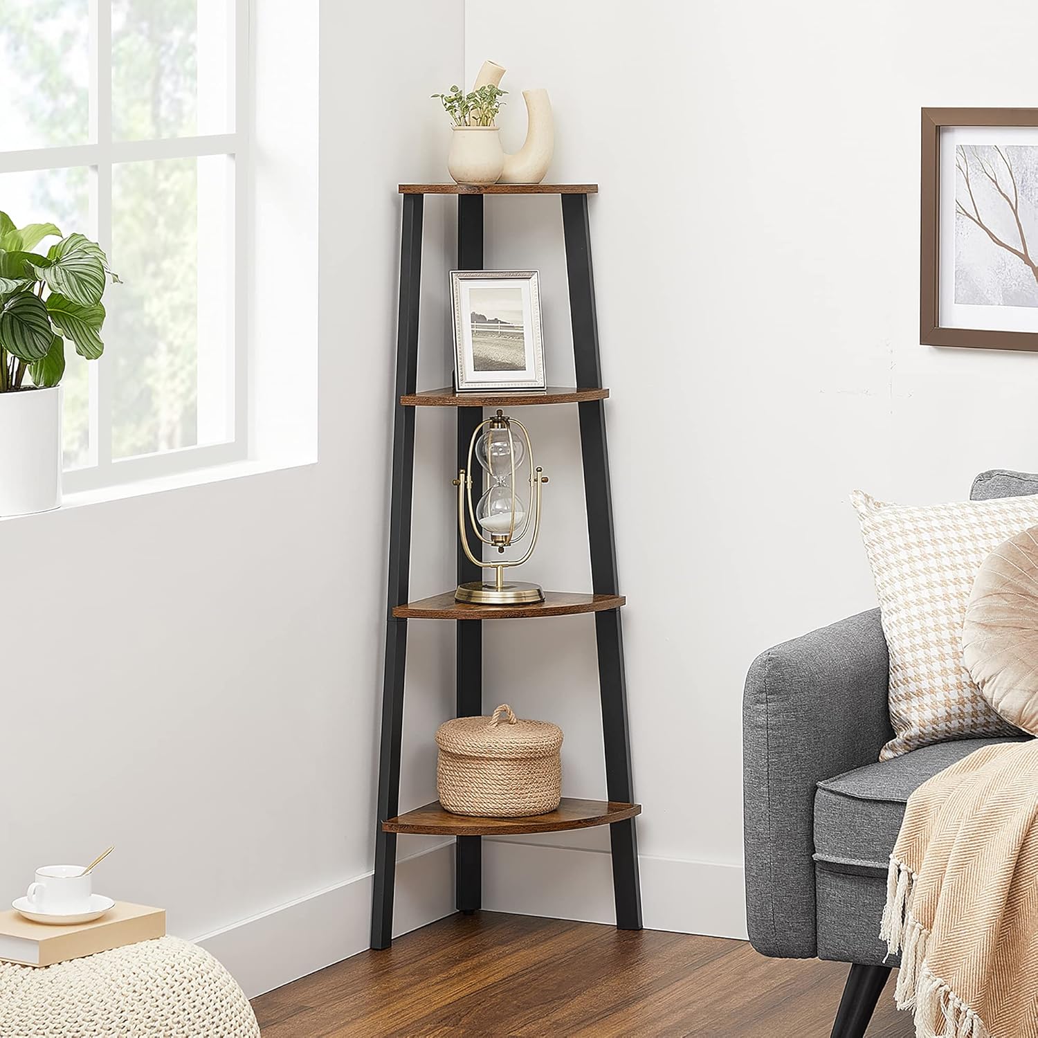 VASAGLE - Corner Shelf Bookcase - 4 Tier Ladder Shelf - Storage Unit, Plant Holder for Living Room - Industrial Style with Steel Frame - Rustic Brown and Black - LLS34X-3