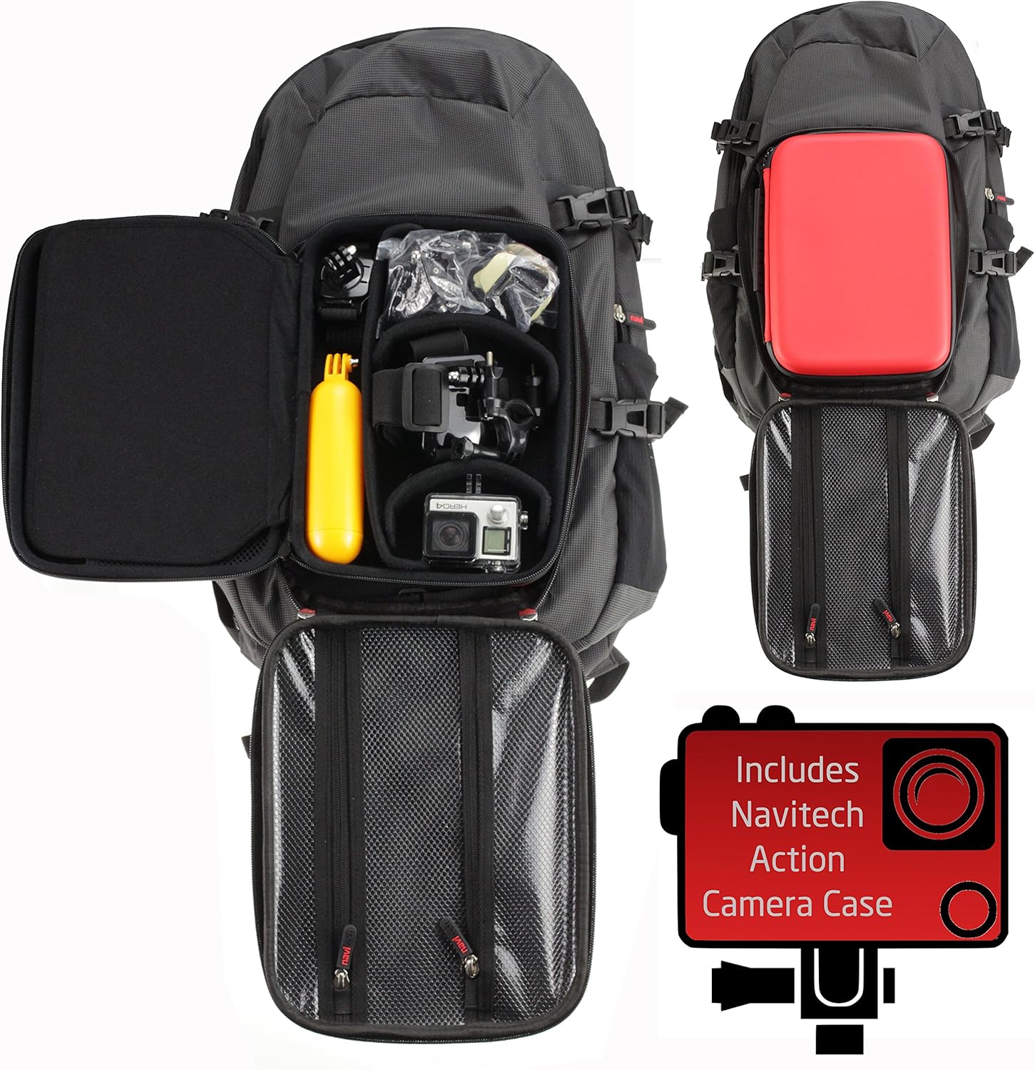 Navitech Action Camera Backpack With Red Storage Case And Integrated Chest Strap Compatible With The XIKEZAN 4K WIFI Action Camera 16MP Waterproof Sports Diving Cam DV Camcorder with 2.0" LCD Screen-1