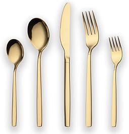 Berglander 30 Piece Titanium Gold Plated Stainless Steel Cutlery Set, 30 Pieces Golden Flatware Set, Gold Silverware Set Cutlery Sets, Service for 6 (Shiny Gold)