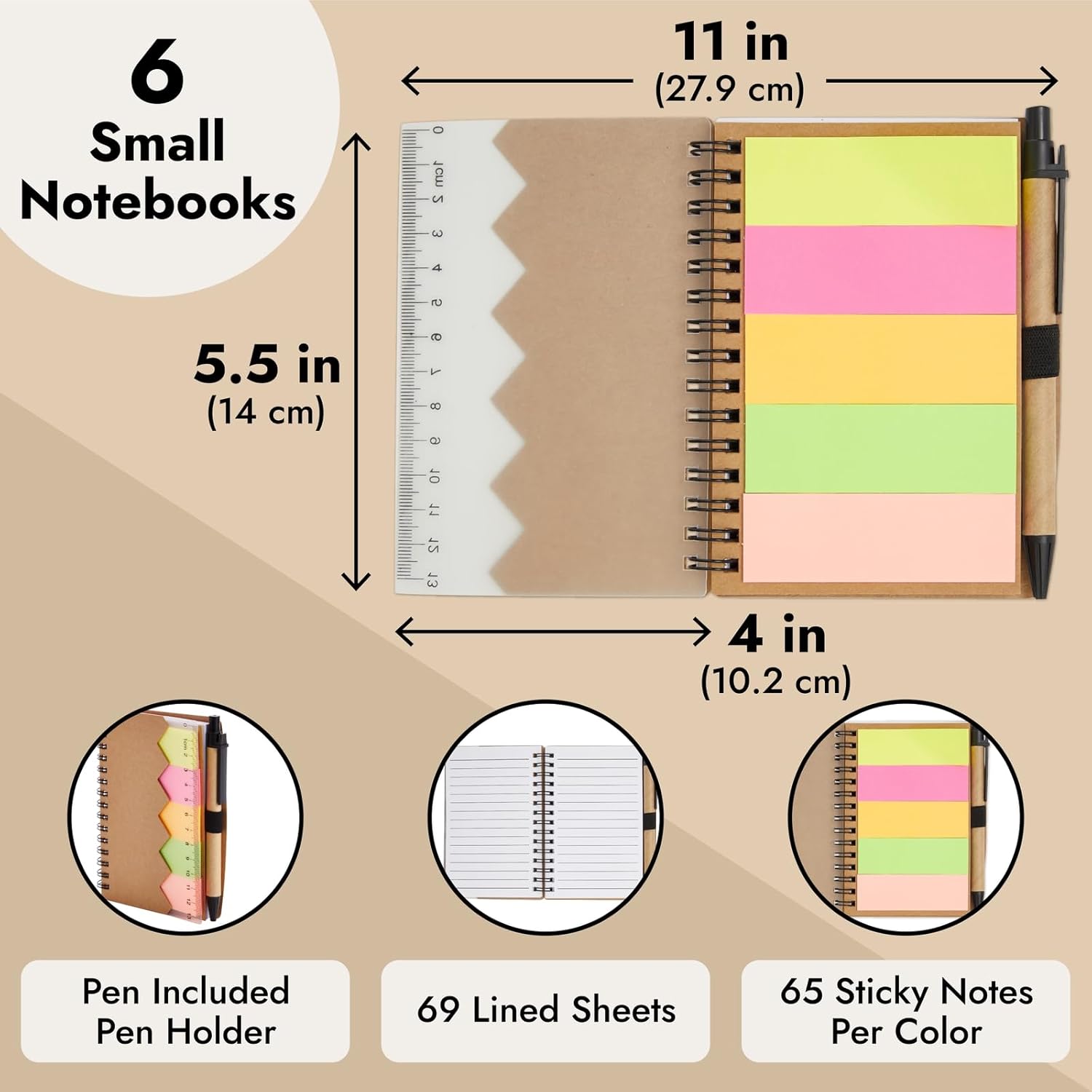 6-Pack Mini Kraft Notebooks with Pen and Sticky Notes for Pocket or Purse, 69 Sheets, 10.8 x 14 cm-4