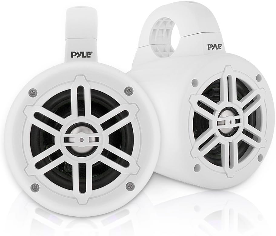 Pyle Waterproof Marine Wakeboard Tower Speakers - 4 Inch Dual Subwoofer Speaker Set with 300 Max Power Output - Boat Audio System Kit w/Titanium Dome Tweeters & Mounting Clamps PLMRWB45W (White)-0