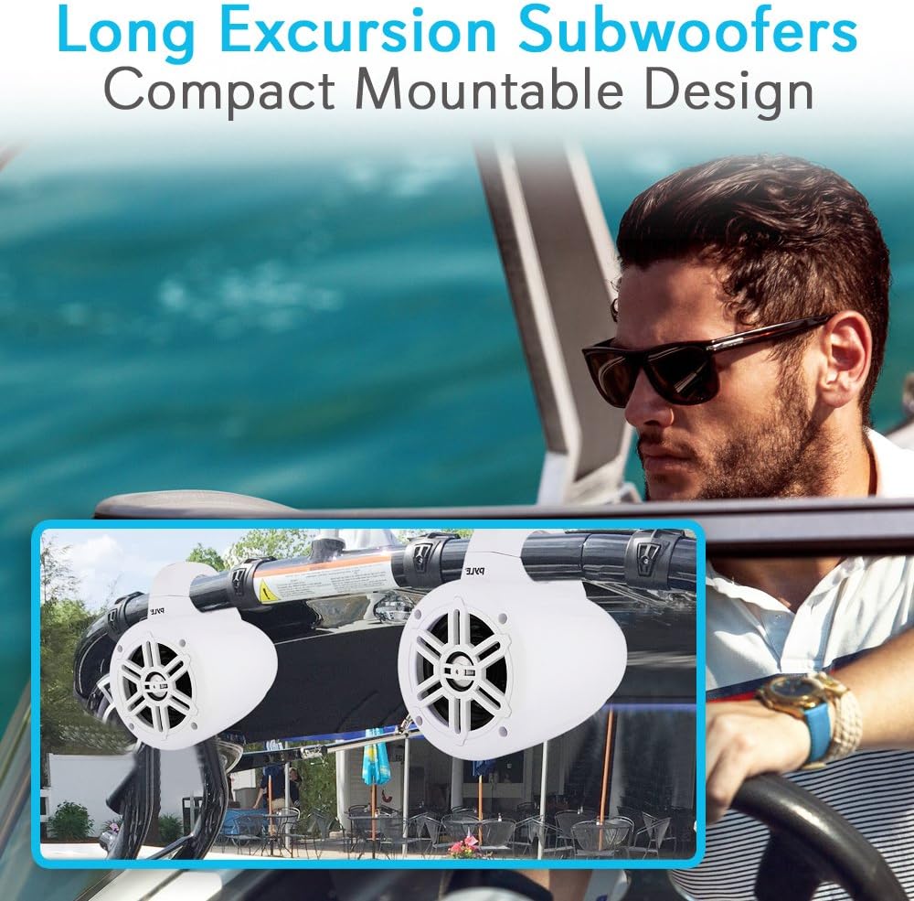 Pyle Waterproof Marine Wakeboard Tower Speakers - 4 Inch Dual Subwoofer Speaker Set with 300 Max Power Output - Boat Audio System Kit w/Titanium Dome Tweeters & Mounting Clamps PLMRWB45W (White)-4