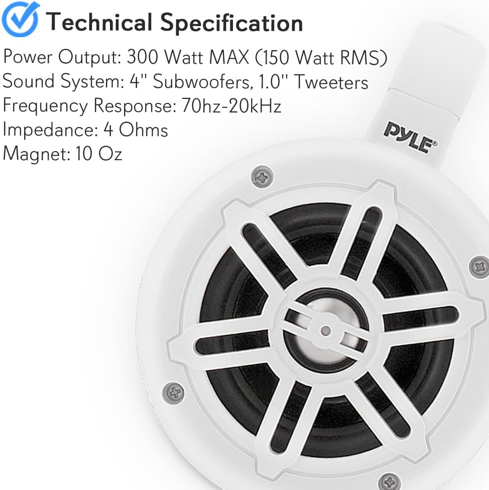 Pyle Waterproof Marine Wakeboard Tower Speakers - 4 Inch Dual Subwoofer Speaker Set with 300 Max Power Output - Boat Audio System Kit w/Titanium Dome Tweeters & Mounting Clamps PLMRWB45W (White)-5