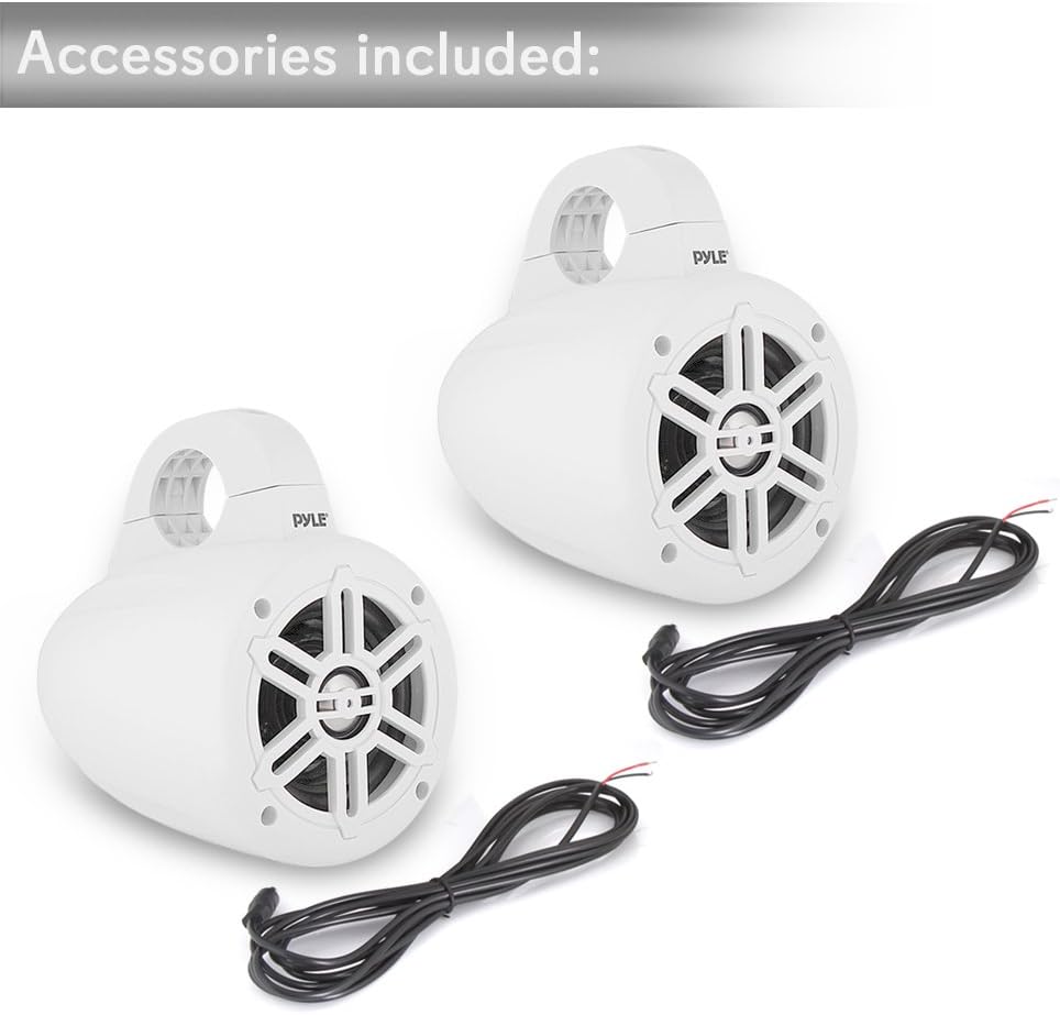 Pyle Waterproof Marine Wakeboard Tower Speakers - 4 Inch Dual Subwoofer Speaker Set with 300 Max Power Output - Boat Audio System Kit w/Titanium Dome Tweeters & Mounting Clamps PLMRWB45W (White)-6