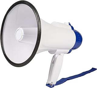 Invero® 10W Handheld Loud Megaphone Speaker with Built-In Microphone, Siren, Adjustable Volume, 250 Meter Range, Recording Function and Integrated Carrying Strap - White/Blue