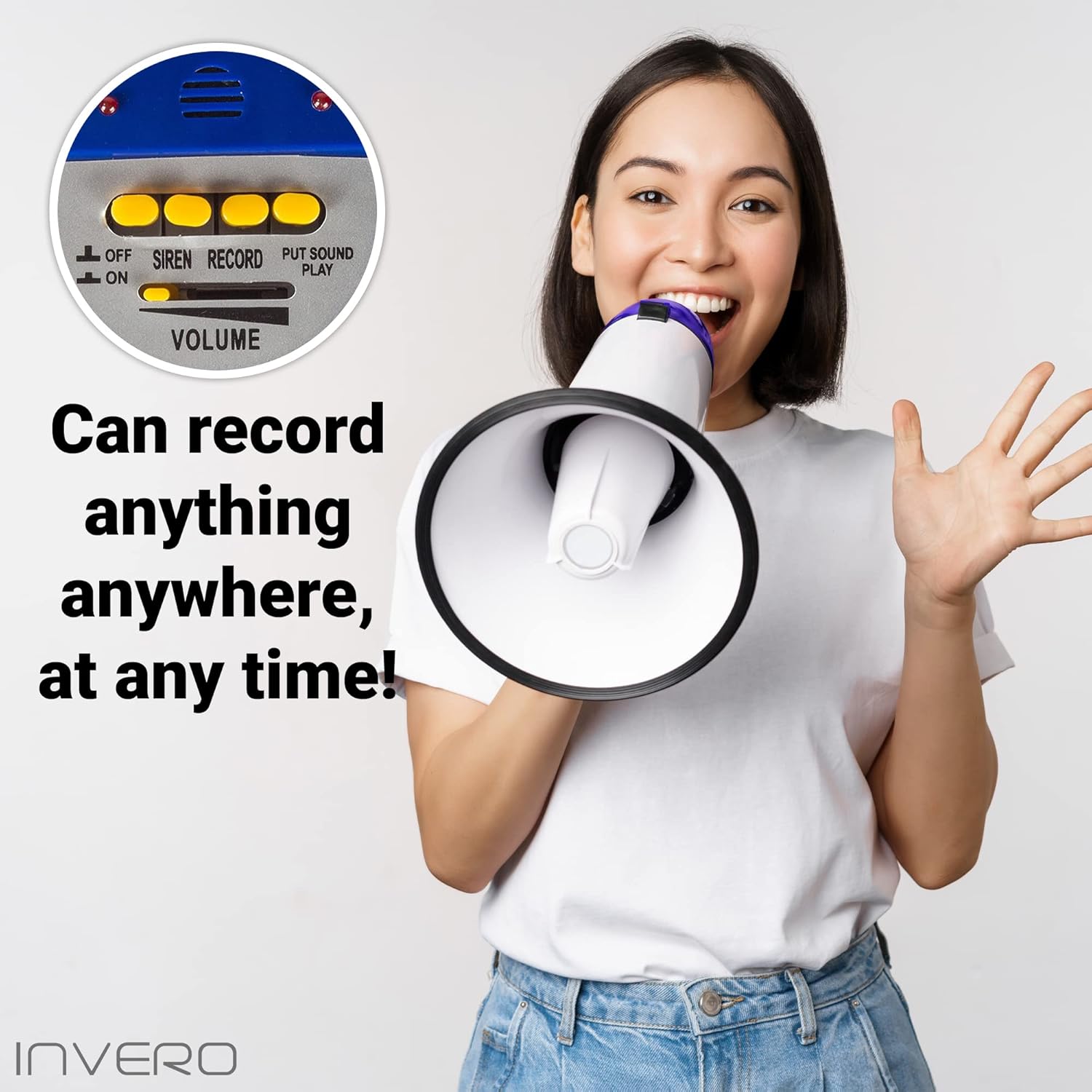 Invero® 10W Handheld Loud Megaphone Speaker with Built-In Microphone, Siren, Adjustable Volume, 250 Meter Range, Recording Function and Integrated Carrying Strap - White/Blue-3