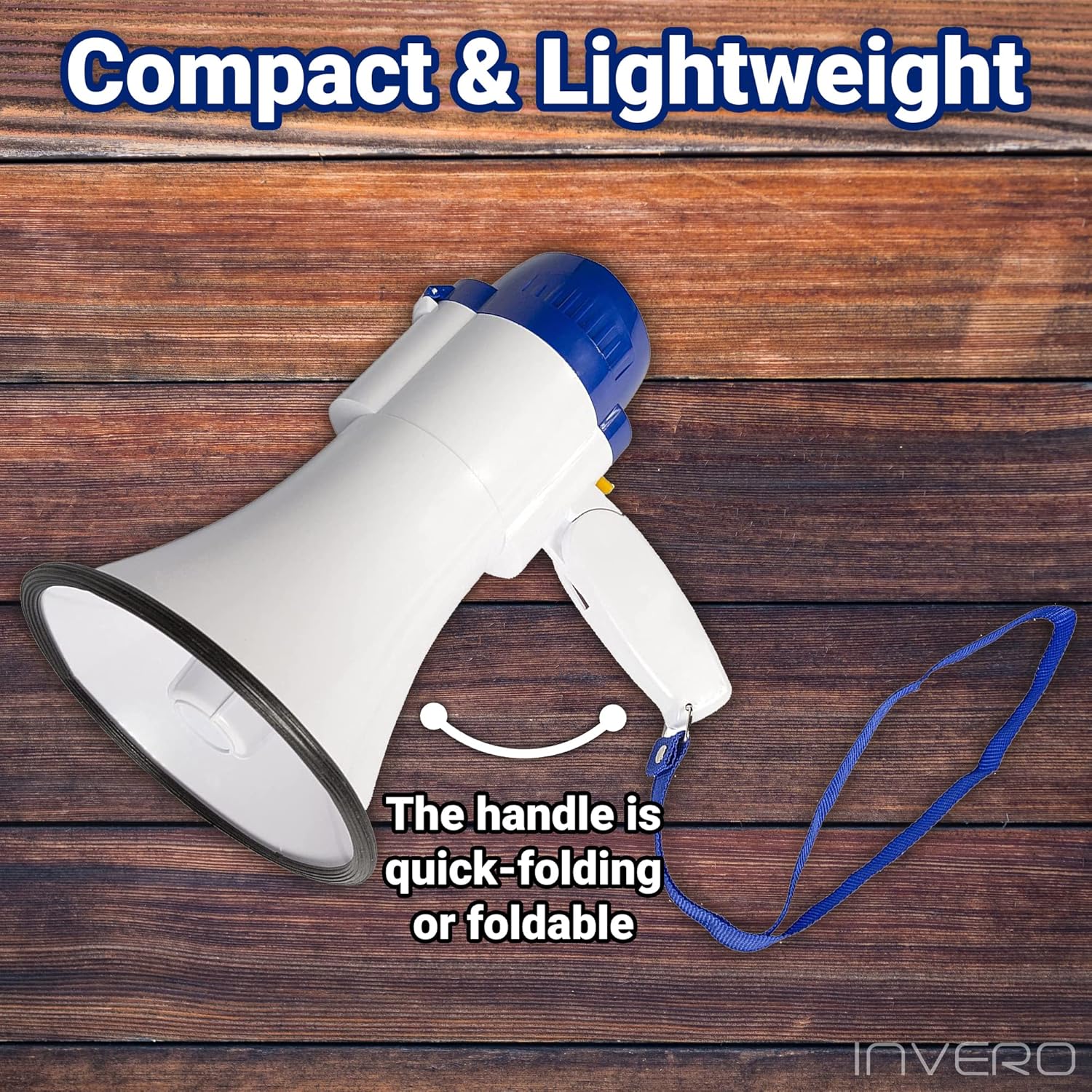 Invero® 10W Handheld Loud Megaphone Speaker with Built-In Microphone, Siren, Adjustable Volume, 250 Meter Range, Recording Function and Integrated Carrying Strap - White/Blue-4