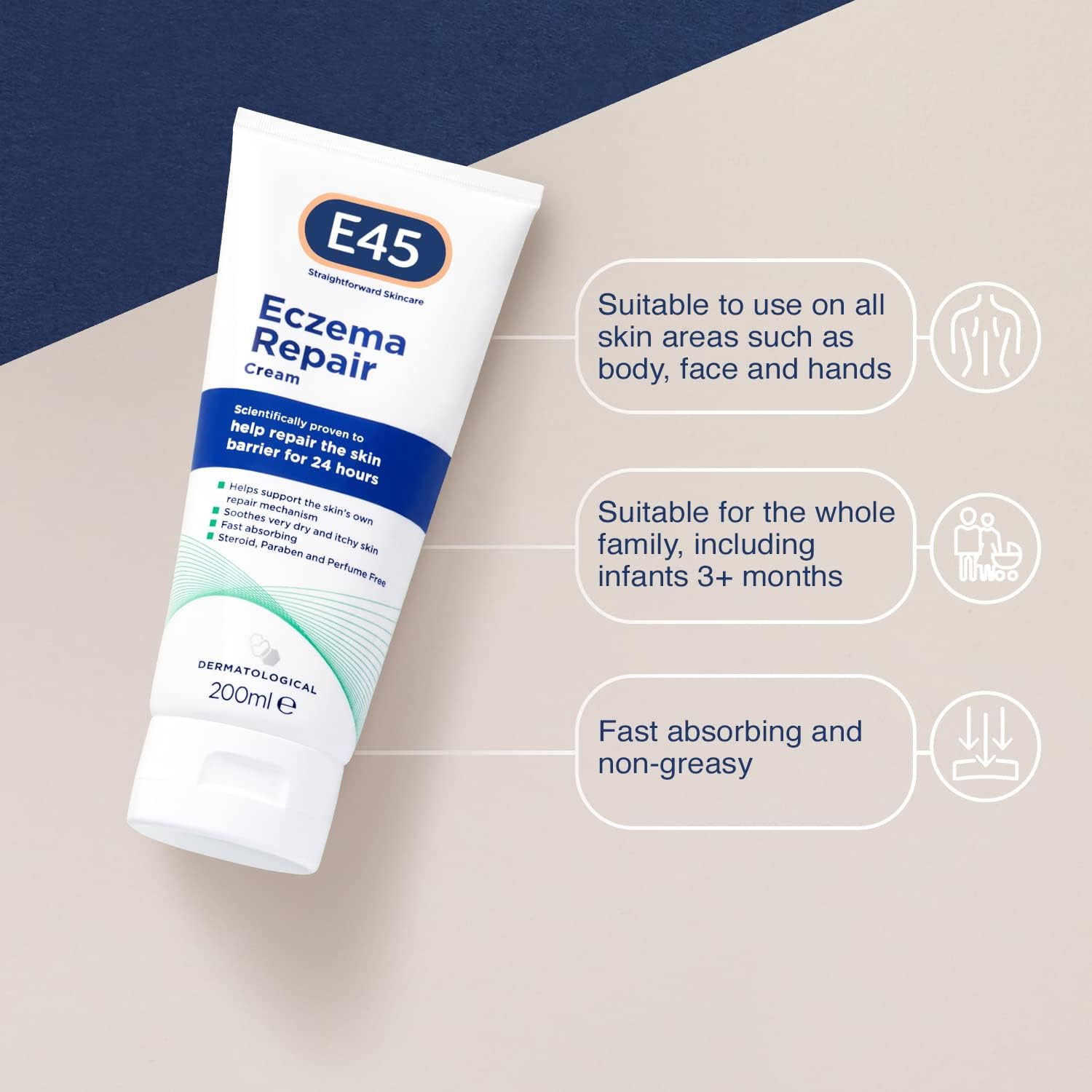 E45 Repair Cream 200 ml to Treat Symptoms of Eczema – Soothe and Hydrate Very Dry and Itchy Skin – Emollient Cream with Omega 3 Fatty Acids - Dermatologically Tested-4