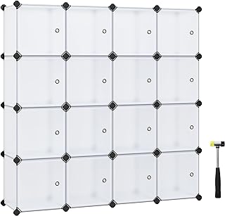 SONGMICS 16-Cube Storage Unit, Shoe Rack, Stackable Cubes, Plastic Closet Cabinet, Wardrobe, with Doors, for Bedroom, Office, Easy to Assemble, White LPC44BS