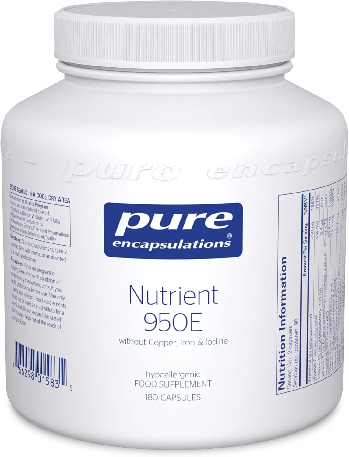 Pure Encapsulations - Nutrient 950E Without Cu, Fe and Iodine - Multivitamin with Vitamins A, C, D, B1, B2, B3, B5, B6, Biotin, Calcium, Magnesium, Folate, Selenium & Zinc - 180 Capsules-0