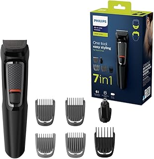 PHILIPS 7-in-1 All-In-One Trimmer, Series 3000 Grooming Kit for Beard & Hair with 7 Attachments, Including Nose Trimmer, Self-Sharpening Blades, UK 3-Pin Plug-MG3720/33