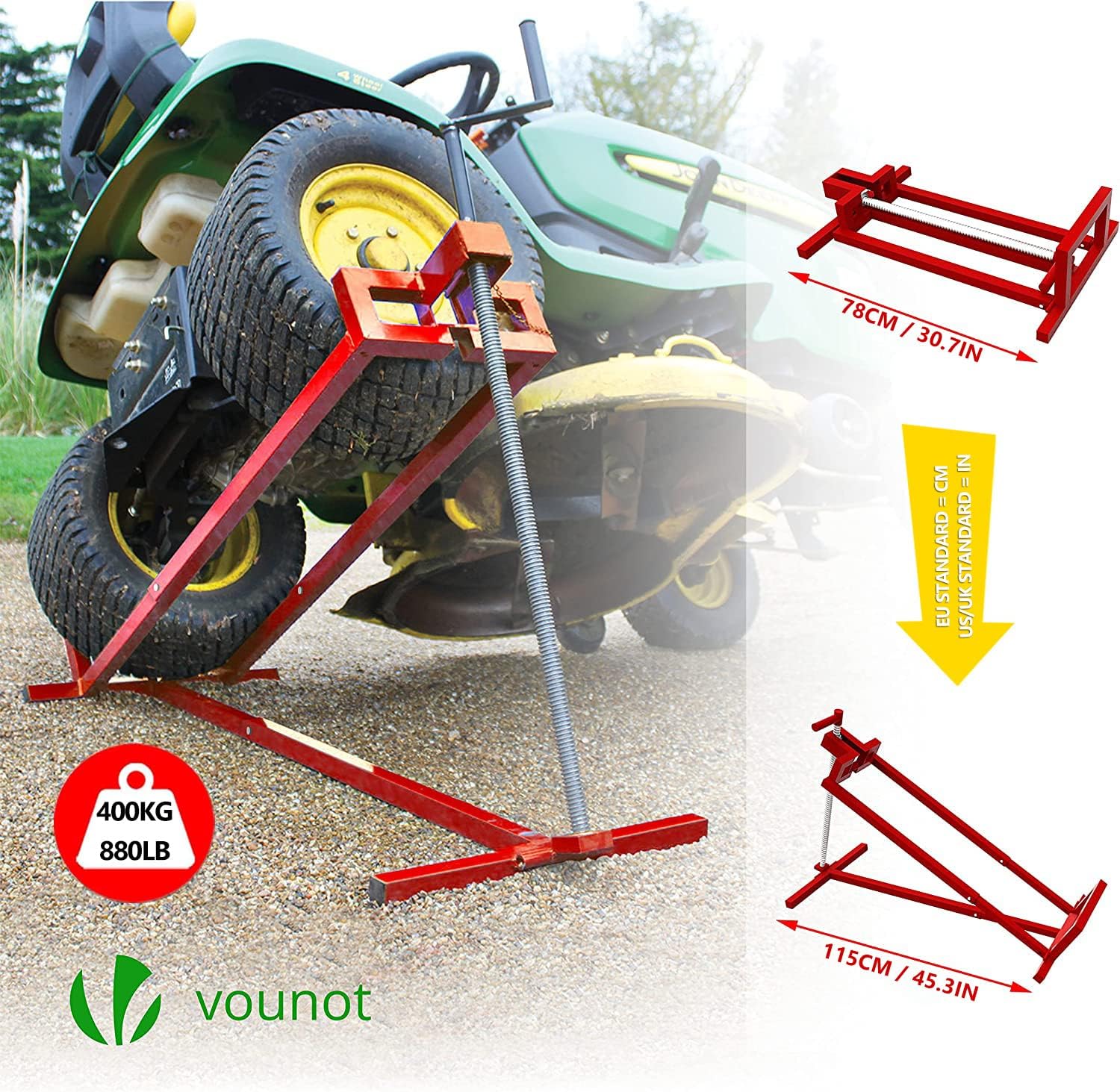 VOUNOT Ride on Mower Jack Lift, Telescopic Maintenance Jack for Lawn mowers and Garden Tractors, Weight Capacity 400kg, Red-1