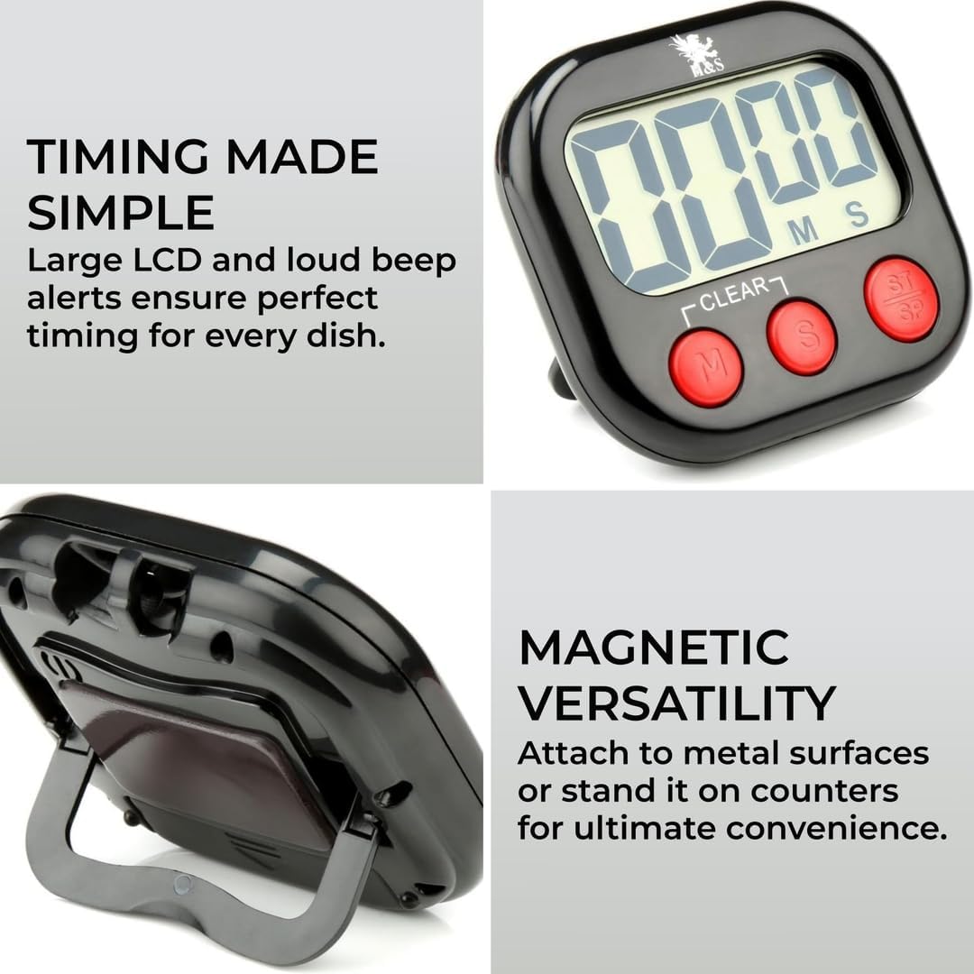 H&S Kitchen Timer Digital Cooking Timer Magnetic Countdown Clock Large LCD Screen Loud Alarm - Black-0