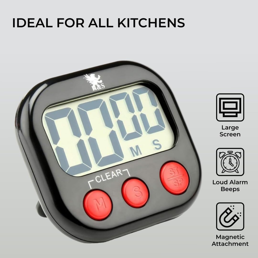 H&S Kitchen Timer Digital Cooking Timer Magnetic Countdown Clock Large LCD Screen Loud Alarm - Black-1