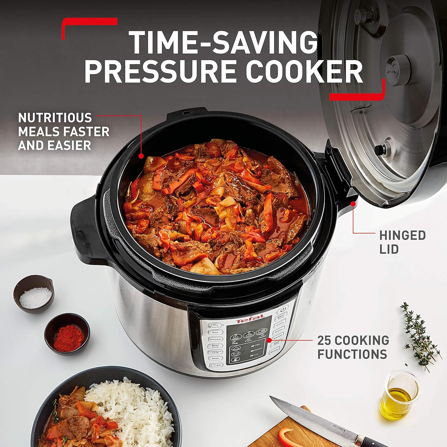 Tefal All-in-One 25-in-1 Electric Pressure Cooker, Multi Cooker, Slow Cooker, Steam, Reheat, Stew, Bake, Browning, 25 programs, Recipe Book Included, 6 Litres, Black/Stainless Steel, CY505E40-1