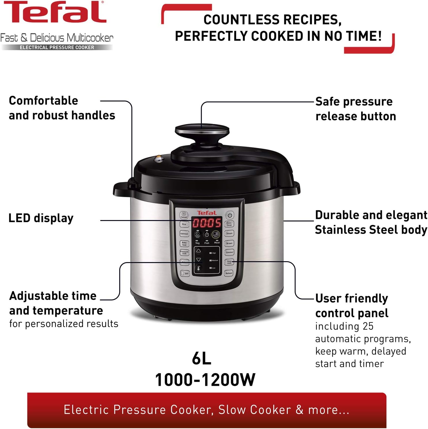 Tefal All-in-One 25-in-1 Electric Pressure Cooker, Multi Cooker, Slow Cooker, Steam, Reheat, Stew, Bake, Browning, 25 programs, Recipe Book Included, 6 Litres, Black/Stainless Steel, CY505E40-3