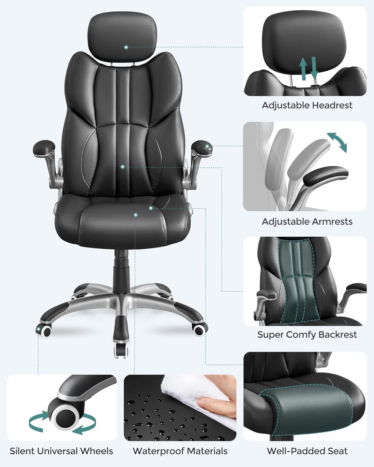 SONGMICS Office Chair, Ergonomic Gaming Chair, Adjustable Headrest, Tilt Function, Foldable Armrests, Swivel Castors, Adjustable Height, E-sports Chair, Ink Black OBG65BKUK-3