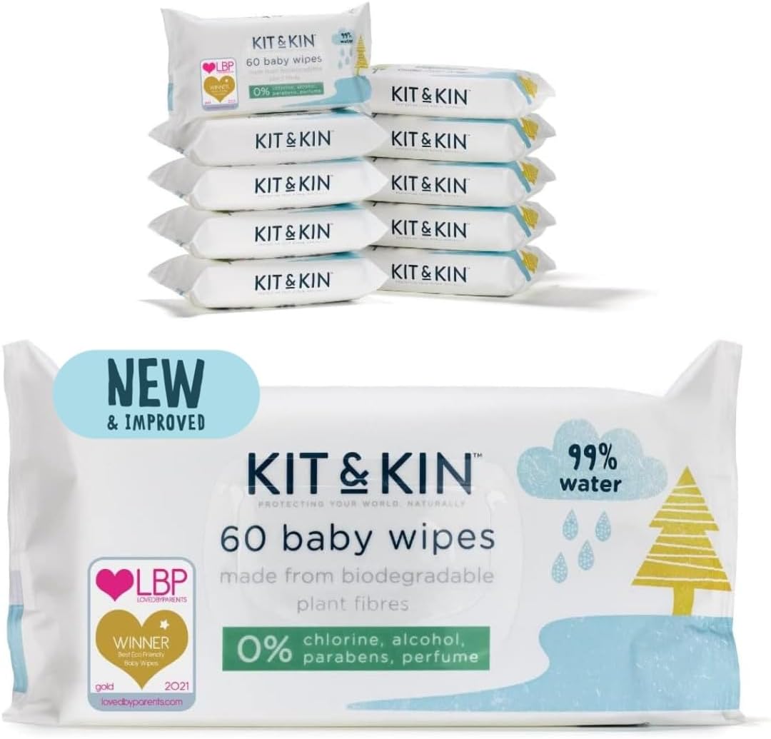 Kit & Kin Premium Eco Baby Wet Wipes, 600 Wipes (10 Packs) | Plastic-Free & Super Soft | 99% Water | Biodegradable | Hypoallergenic & Dermatologist Approved | Fragrance-Free | New & Improved Formula-0