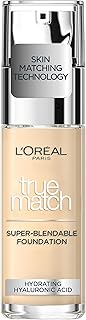 L'Oreal Paris True Match Liquid Foundation, Skincare Infused with Hyaluronic Acid, SPF 17, Available in 40 Shades, 0.5N Porcelain, 30 ml