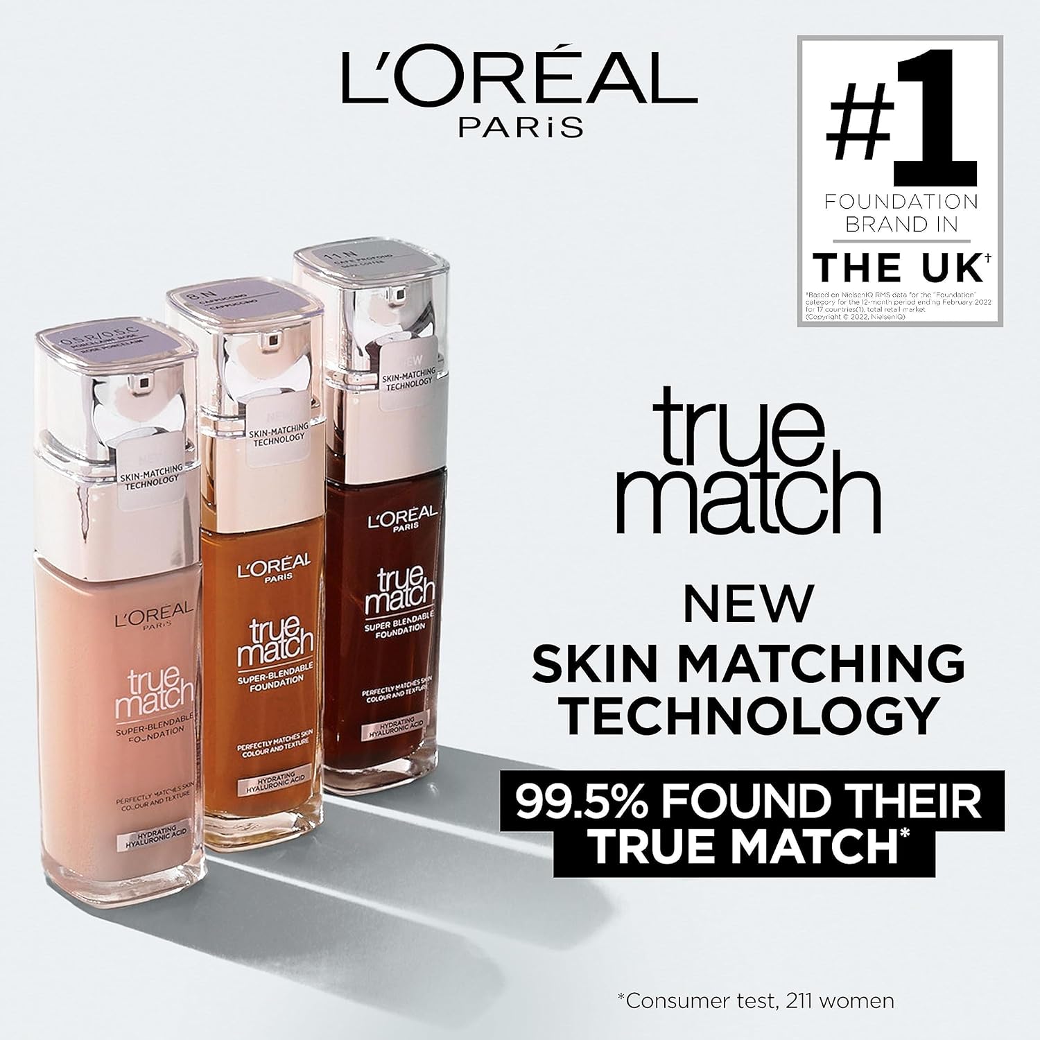 L'Oreal Paris True Match Liquid Foundation, Skincare Infused with Hyaluronic Acid, SPF 17, Available in 40 Shades, 0.5N Porcelain, 30 ml-1