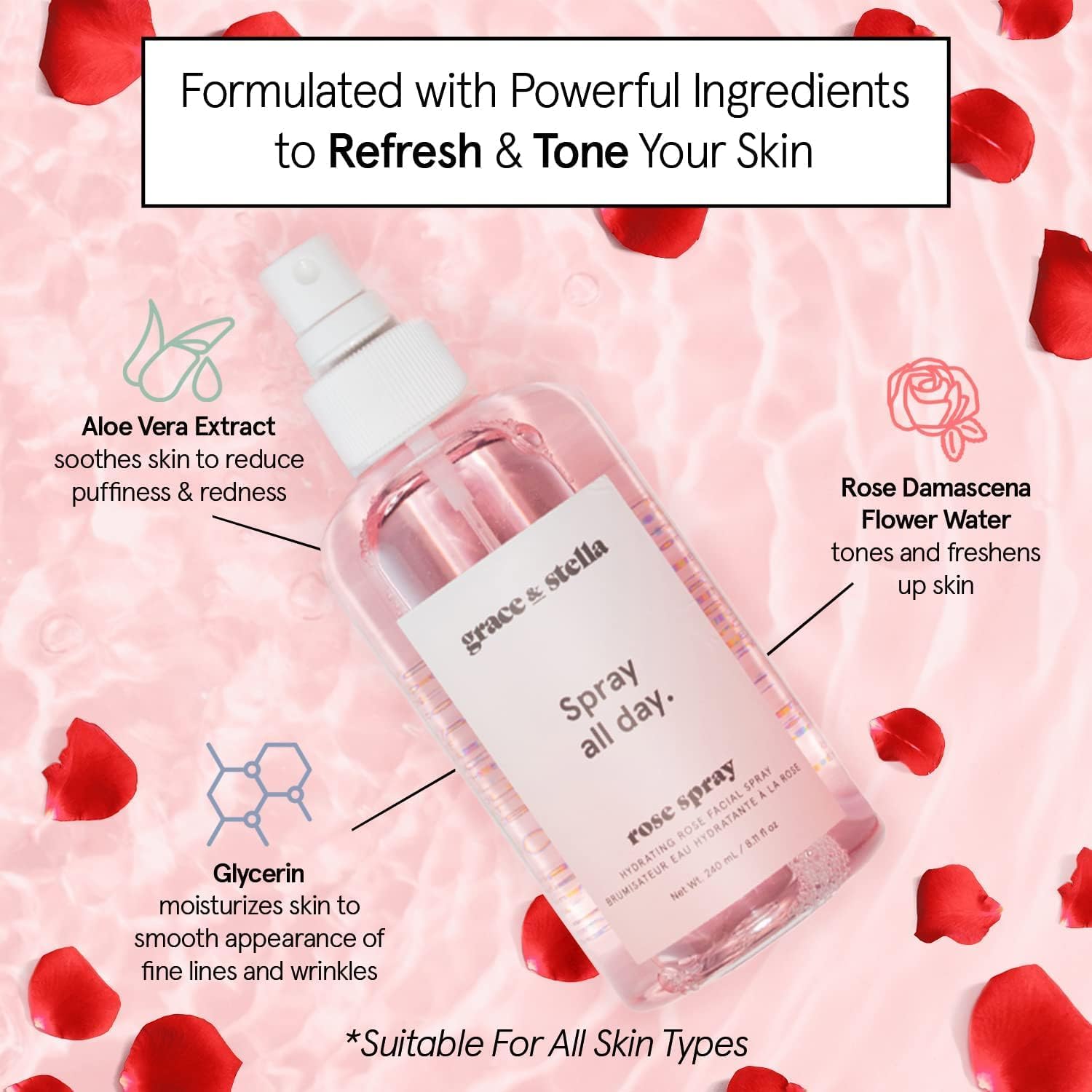 Award Winning Rose Water Facial Spray (240ml) - Vegan - Rose Water Spray for Face - Rose Spray Facial Mist - Rosewater Spray Toner Rose Hydrosol - Spray All Day by Grace and Stella-3