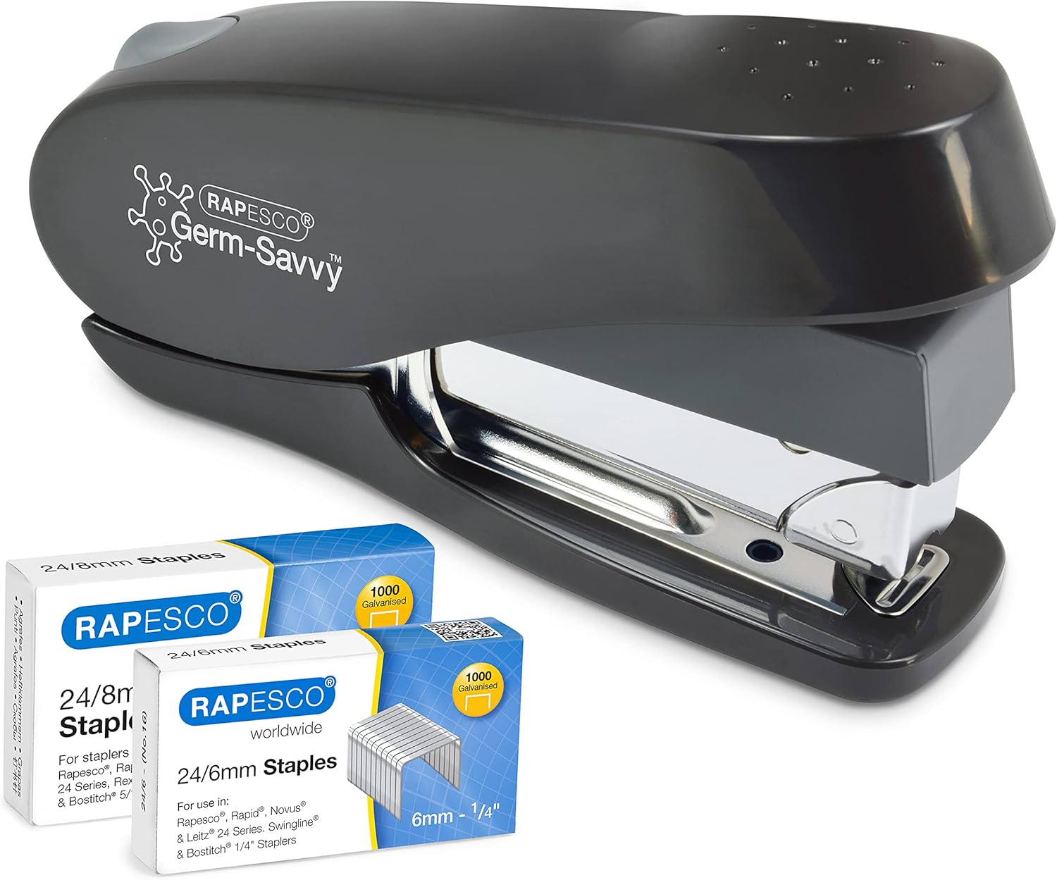 Rapesco 1466 Germ-Savvy Antibacterial, ECO Luna Less Effort Stapler with 2000 Staples, 50 Sheet Capacity, Black-0