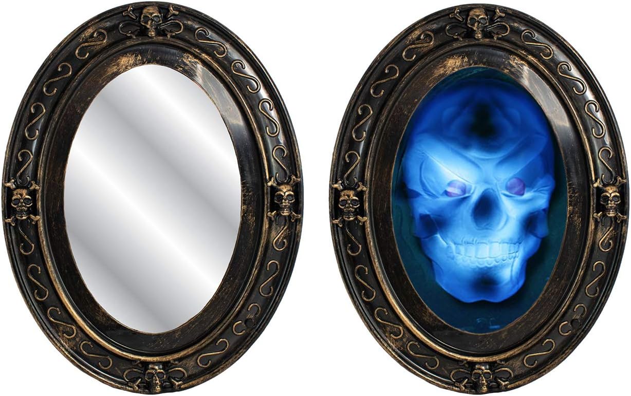 TRIXES Black and Gold Oval Haunted Speaking Halloween Mirror with Spooky Picture - Double Sensor - Motion and Sound Activated - Haunted House Props Decoration-5