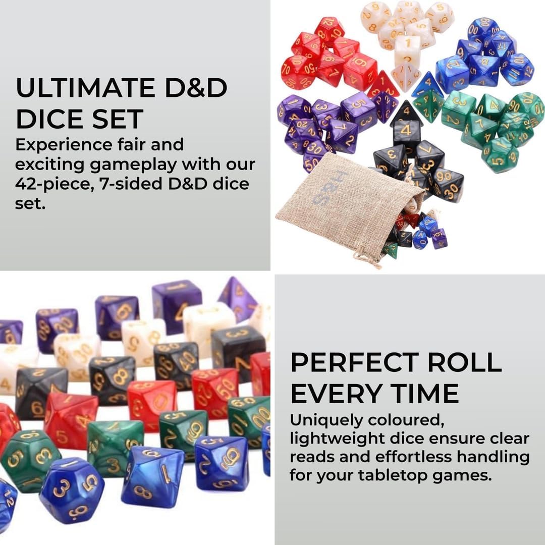 H&S 42pcs DND Dice 6 Sets Dungeons and Dragons Dice Set - 7 Sided Polyhedral D&D RPG MTG Table Game - Dungeon Dragon Dice - Gaming Dice - Dice Pack - D20 Dice Set - Gaming Dice Set - D&D Starter Set-1