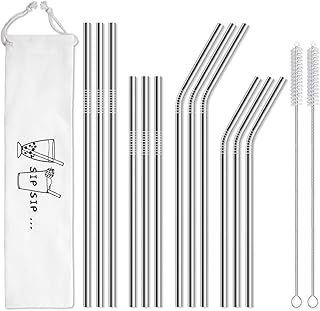 HIWARE 12-Pack Stainless Steel Metal Straws with 2 Cleaning Brush - Reusable Drinking Straws for 30oz/20oz Tumblers Yeti