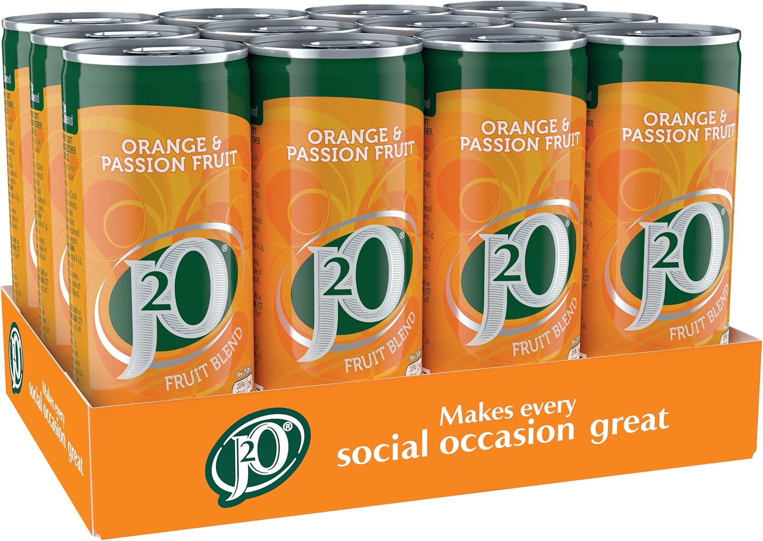 J2O Fruit Juice, Orange and Passionfruit, 250ml Cans (Pack of 12)-0