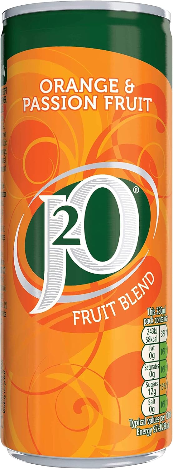 J2O Fruit Juice, Orange and Passionfruit, 250ml Cans (Pack of 12)-2