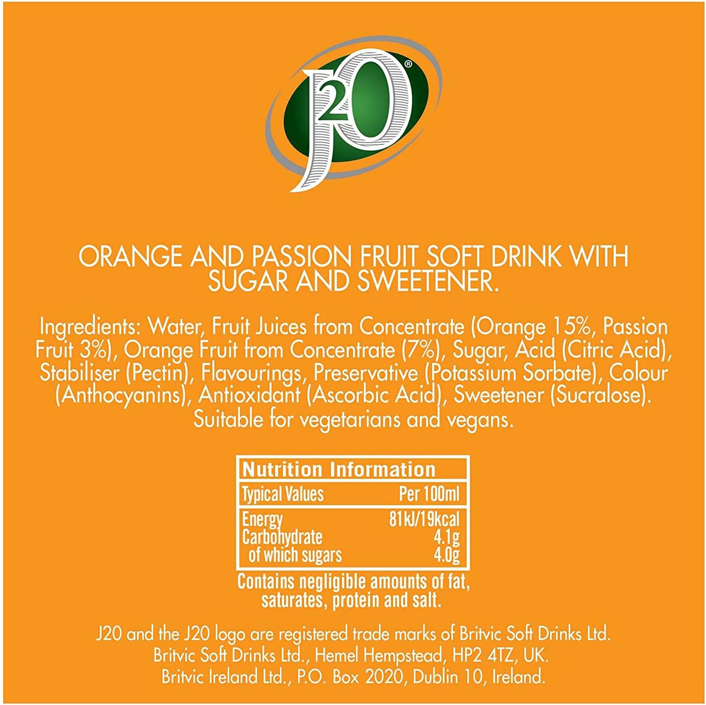 J2O Fruit Juice, Orange and Passionfruit, 250ml Cans (Pack of 12)-6