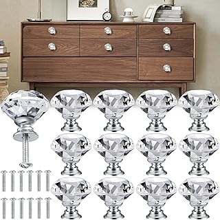 MINGZE 12pcs 30mm Crystal Door Handle, Crystal Dresser Knobs Clear Glass Cabinet Knob, Diamond Shape Drawer Door Chrome Glass Cabinet Knobs Pull Handles for Home Office DIY (Clear 30mm | 12pcs)