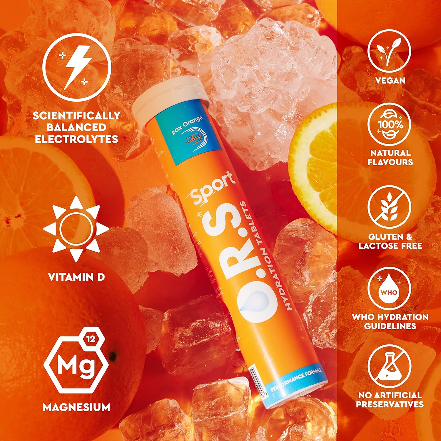 O.R.S Sport Hydration Tablets with Electrolytes, Vegan, Gluten and Lactose Free Formula – Soluble Sports Oral Rehydration Tablets with Natural Orange Flavour, Low Calorie, Adult & Children, 20 Tablets-1