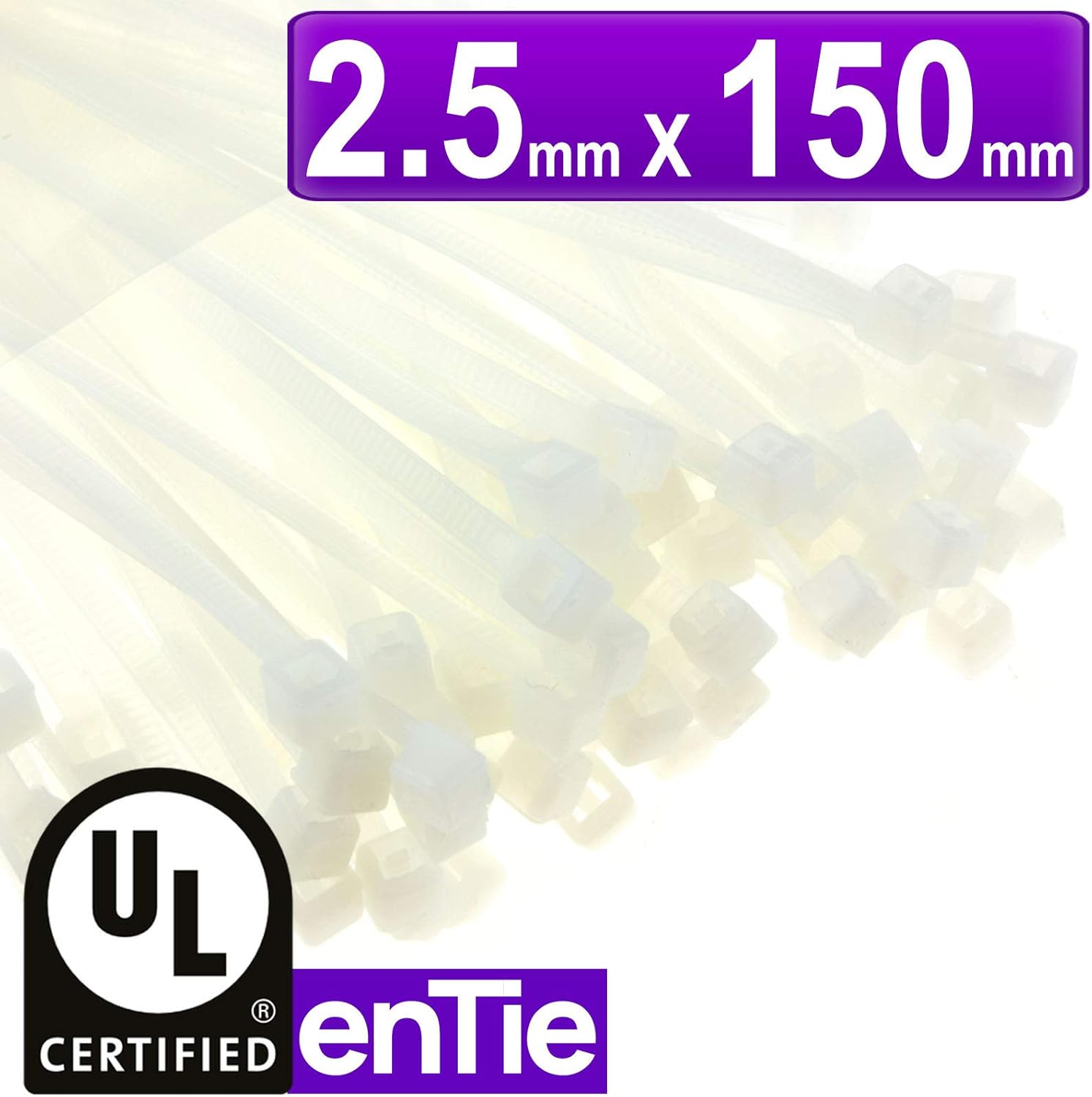 enTie Natural White Cable Ties 2.5mm x 150mm Nylon 66 UL Approved [100 Pack] [150mm X 2.5mm]-3