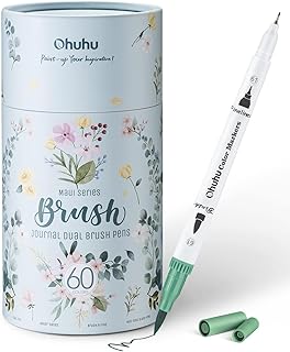 Ohuhu Colouring Pens, 60 Dual Tip Brush Pens Felt Tip Pens, Water-Based Art Markers with Fineliner, for Kids Adults Colouring Book Drawing Calligraphy Sketching Journal, Art Gift, Maui Series - White