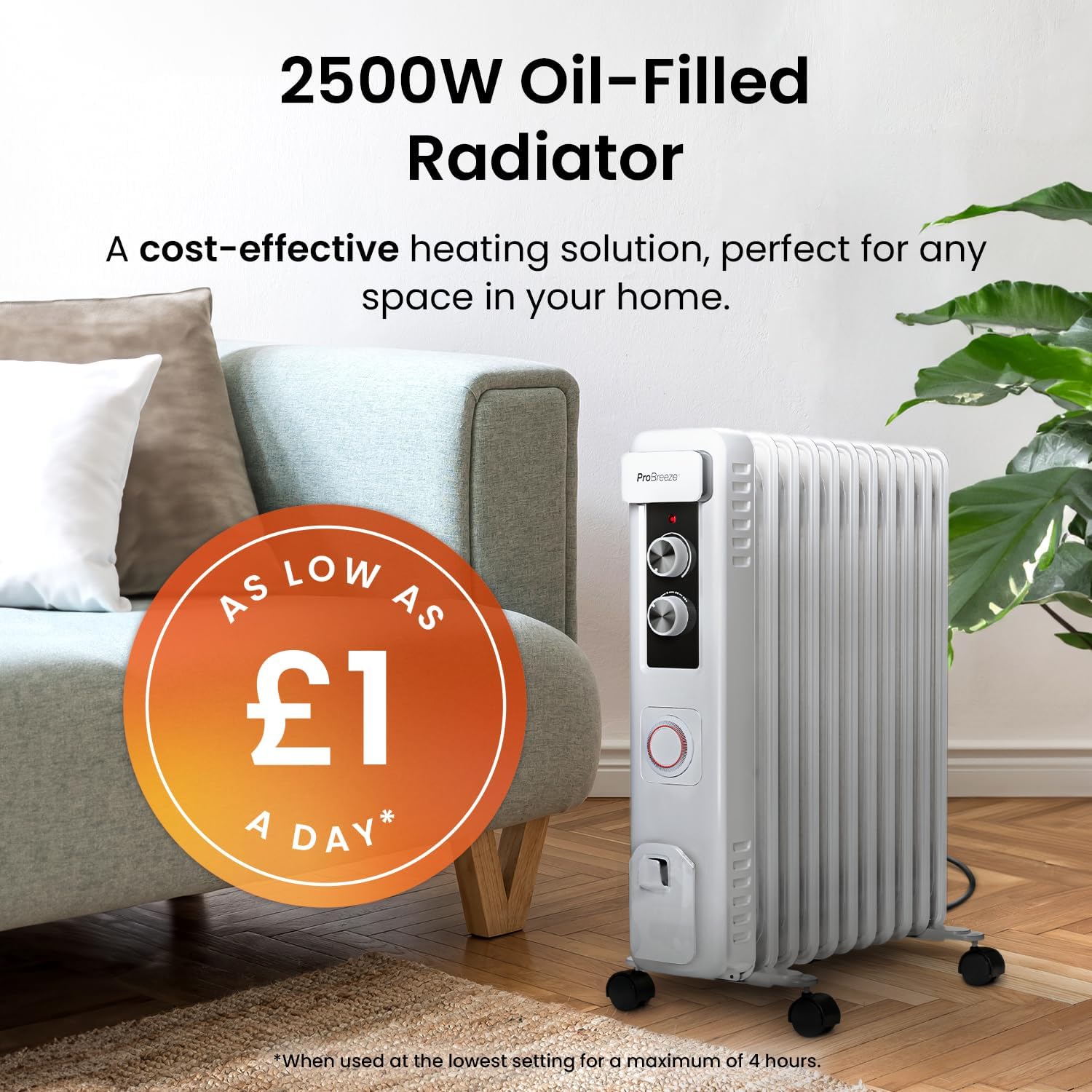 Pro Breeze® 2500W Oil Filled Radiator with 11 Fins - Slim Electric Radiator - Portable Oil Heater with Built-in 24 Hour Timer, 3 Heat Settings, Adjustable Thermostat & Safety Cut-Off-1