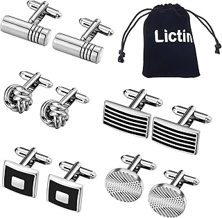 Lictin Men's Cufflinks Cuff Links for Men, 5 Pairs Stainless Steel Classic Tone Cufflinks Black Striped Cuff Links Shirt Suit Cufflinks