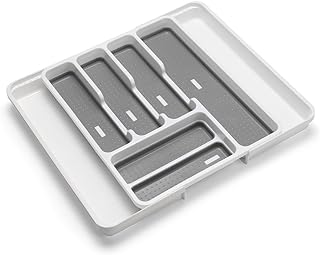 Addis Expandable Drawer Organiser Cutlery Utensil Tray with 6 - 8 Compartment Holders, White/Grey, 34 - 58.5 x 41.5 x 5 cm