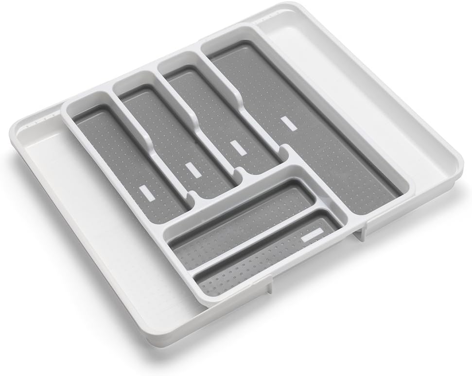 Addis Expandable Drawer Organiser Cutlery Utensil Tray with 6 - 8 Compartment Holders, White/Grey, 34 - 58.5 x 41.5 x 5 cm-0