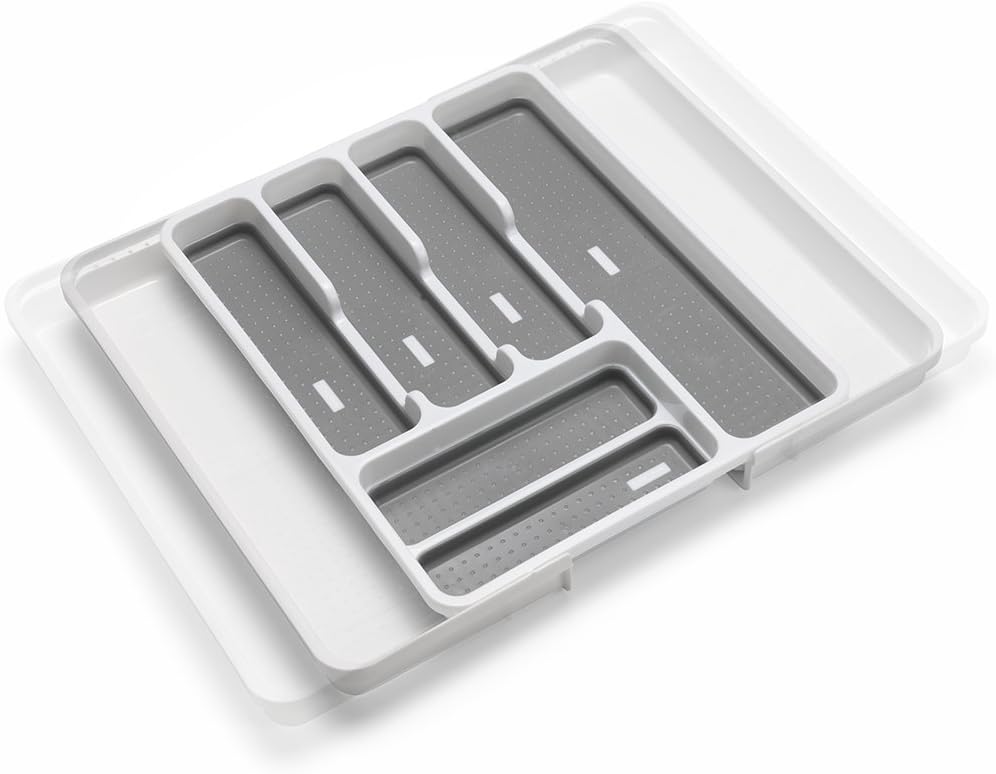 Addis Expandable Drawer Organiser Cutlery Utensil Tray with 6 - 8 Compartment Holders, White/Grey, 34 - 58.5 x 41.5 x 5 cm-1