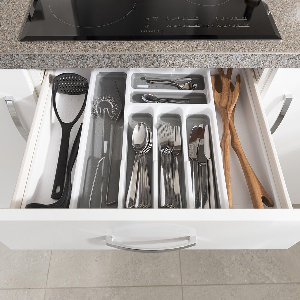 Addis Expandable Drawer Organiser Cutlery Utensil Tray with 6 - 8 Compartment Holders, White/Grey, 34 - 58.5 x 41.5 x 5 cm-3