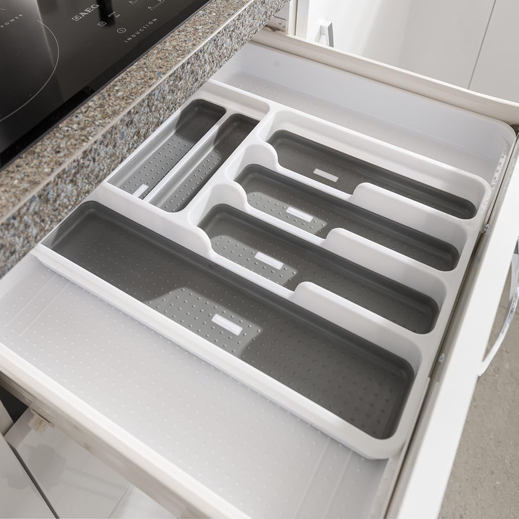 Addis Expandable Drawer Organiser Cutlery Utensil Tray with 6 - 8 Compartment Holders, White/Grey, 34 - 58.5 x 41.5 x 5 cm-4