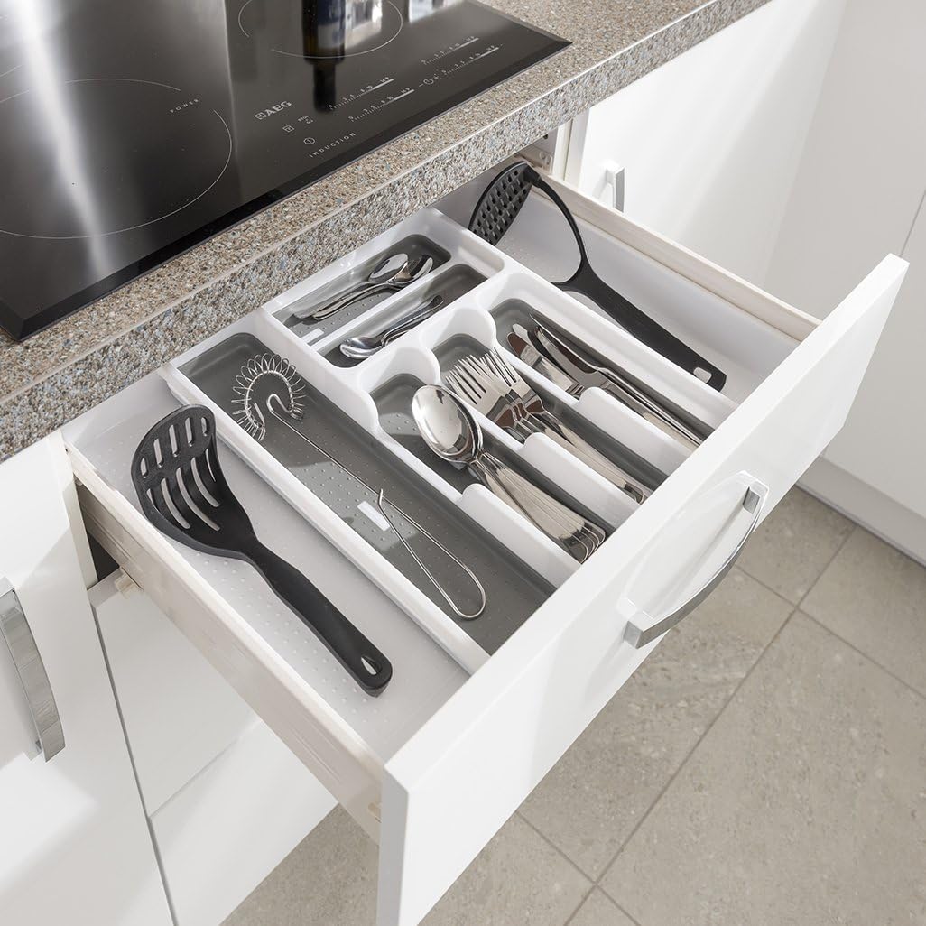 Addis Expandable Drawer Organiser Cutlery Utensil Tray with 6 - 8 Compartment Holders, White/Grey, 34 - 58.5 x 41.5 x 5 cm-5