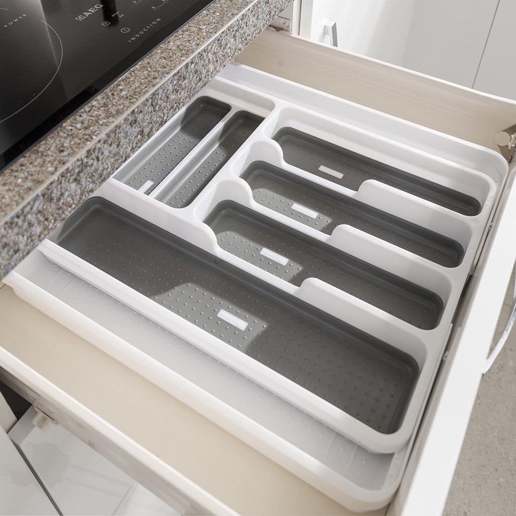 Addis Expandable Drawer Organiser Cutlery Utensil Tray with 6 - 8 Compartment Holders, White/Grey, 34 - 58.5 x 41.5 x 5 cm-6